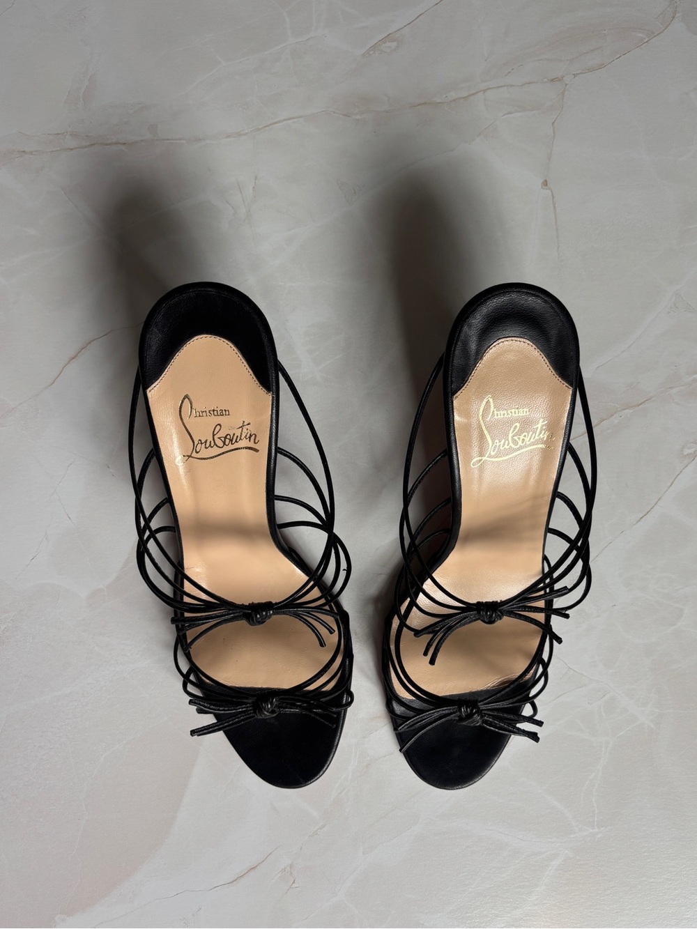 Christian Louboutin Black Strappy Open-Toe Heels with Signature Red Soles - Picture 3 of 10